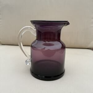 Vintage MCM Amethyst Art Pitcher Clear Glass Handle Vase 6.25” Summer Patio Deco